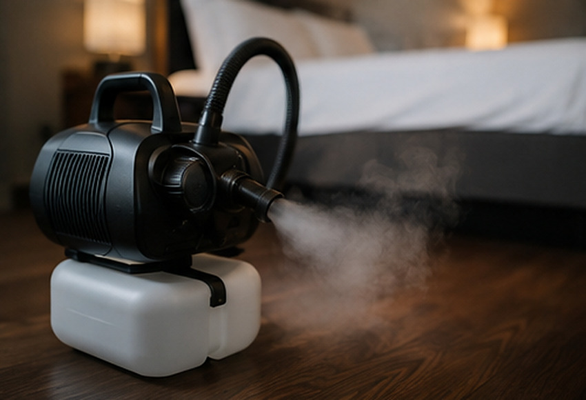 Odor and decontamination equipment running inside a treated room