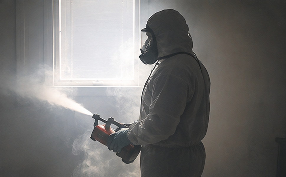 Technician applying decontamination treatment in a sealed room
