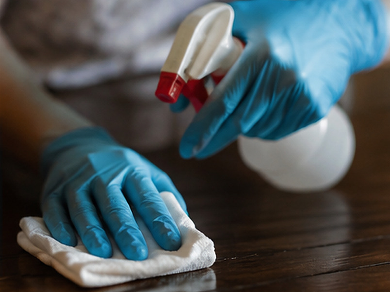 Gloved hands carefully cleaning and disinfecting a surface