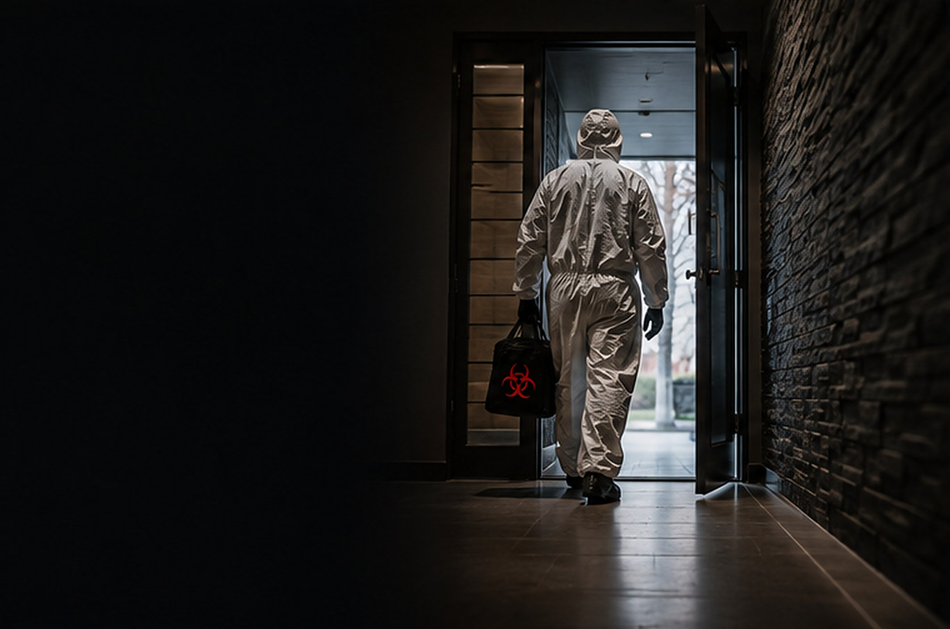 Technician arriving at a property with biohazard equipment