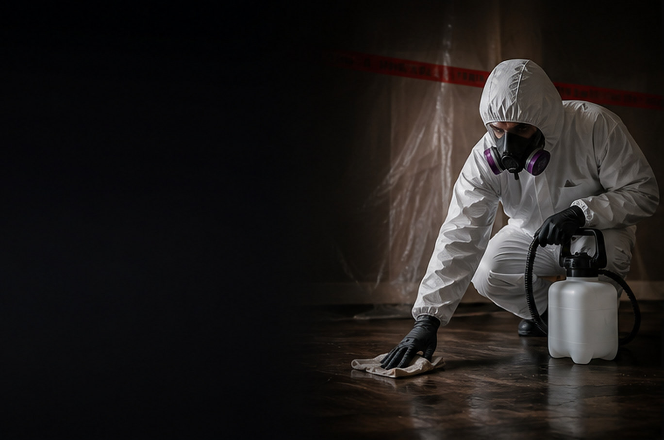 Technician decontaminating flooring during a blood cleanup