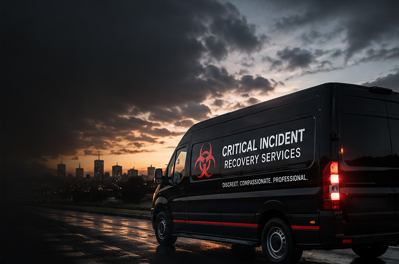 Critical Incident Recovery Services response van on the road at dusk