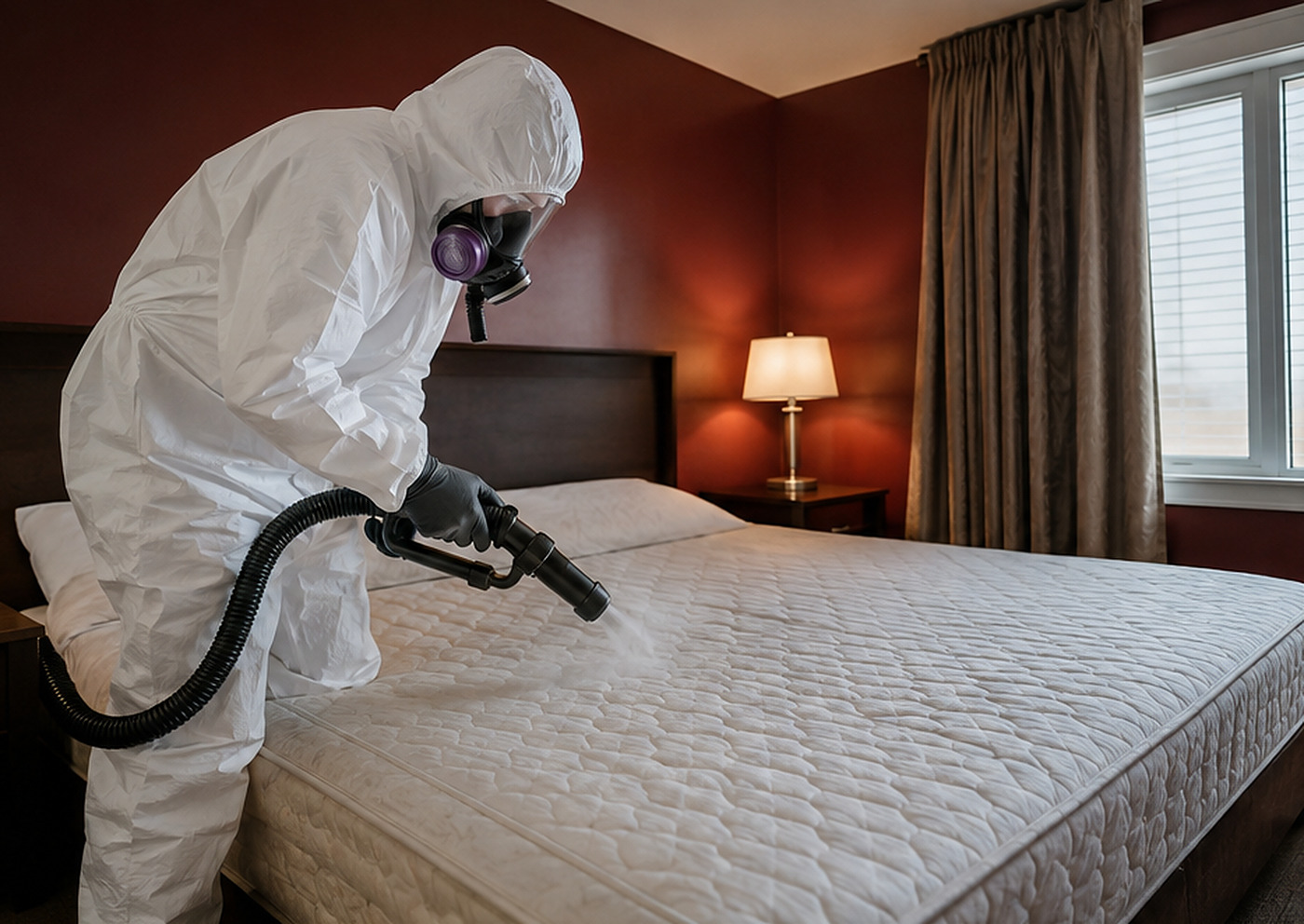 Technician applying decontamination treatment inside an affected room