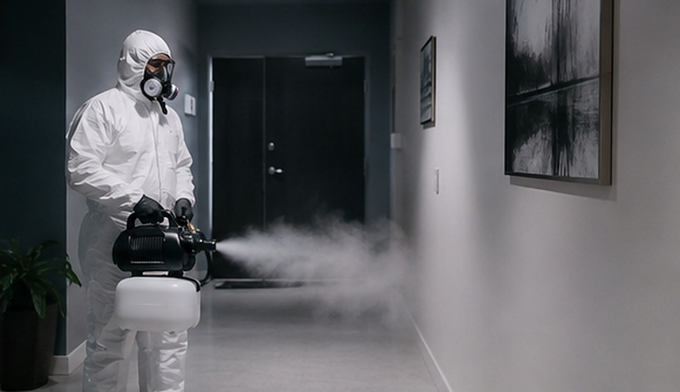 Technician in full protective equipment decontaminating a corridor