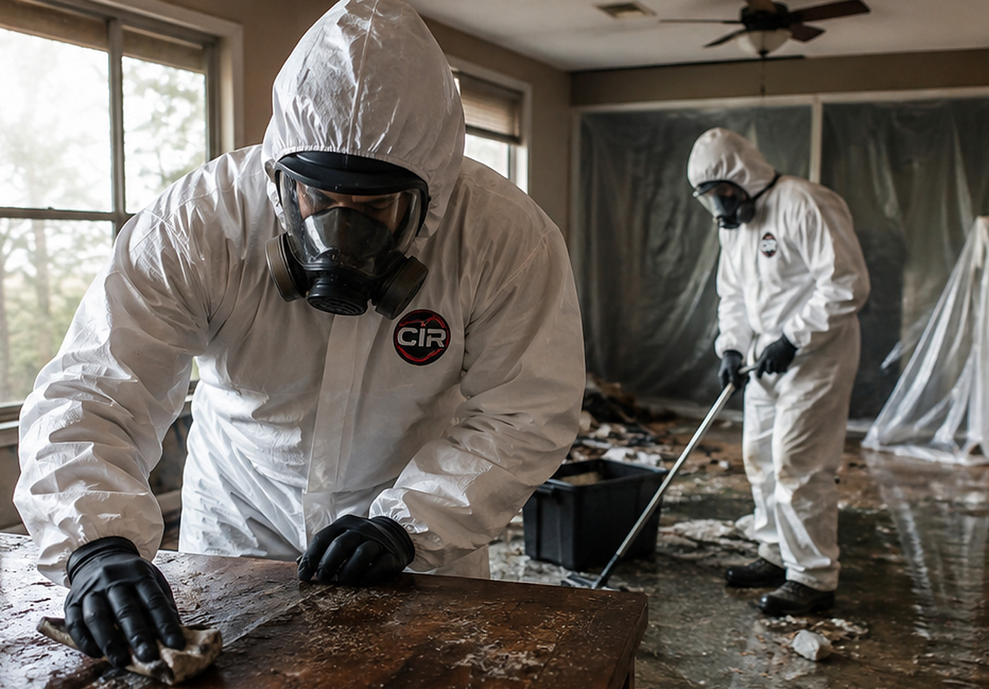 Crew in full protective equipment removing damaged material at a work site